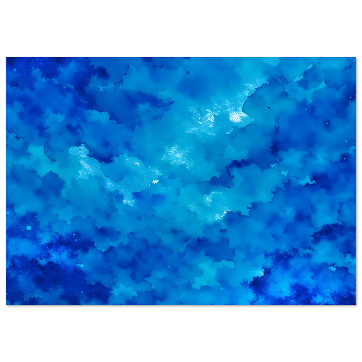 Abstraktes Kunstposter mit blauem Wolkenmuster und Glanzpunkt, horizontales Querformat