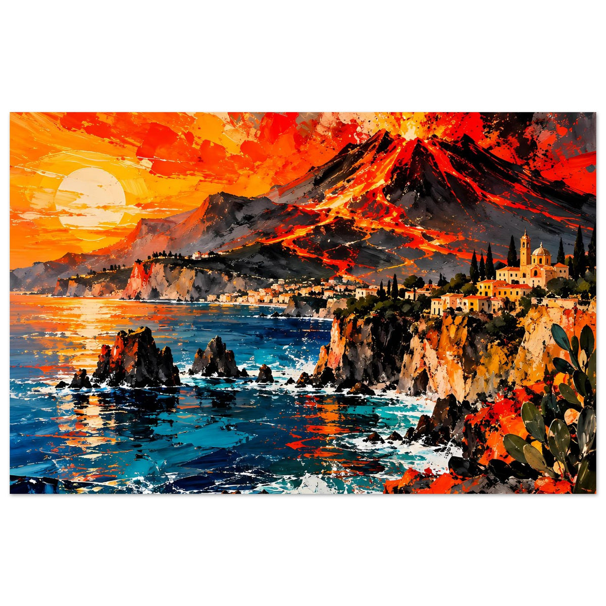 Poster im Querformat: Vulkan-Ausbruch über dem Wasser mit Lava, Felsen und Kirche