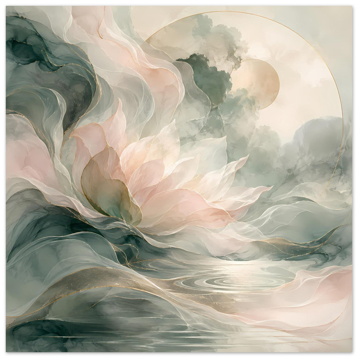 Horizontales Poster mit abstrakten Blüten und Wellen, Pastellgrün, Creme und Rosatöne