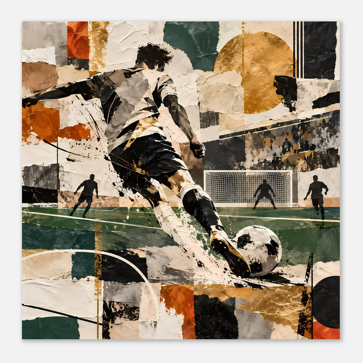 Fußball-Actionposter im Quadrat, abstrakter Spieler in Bewegung, Ball und Tor