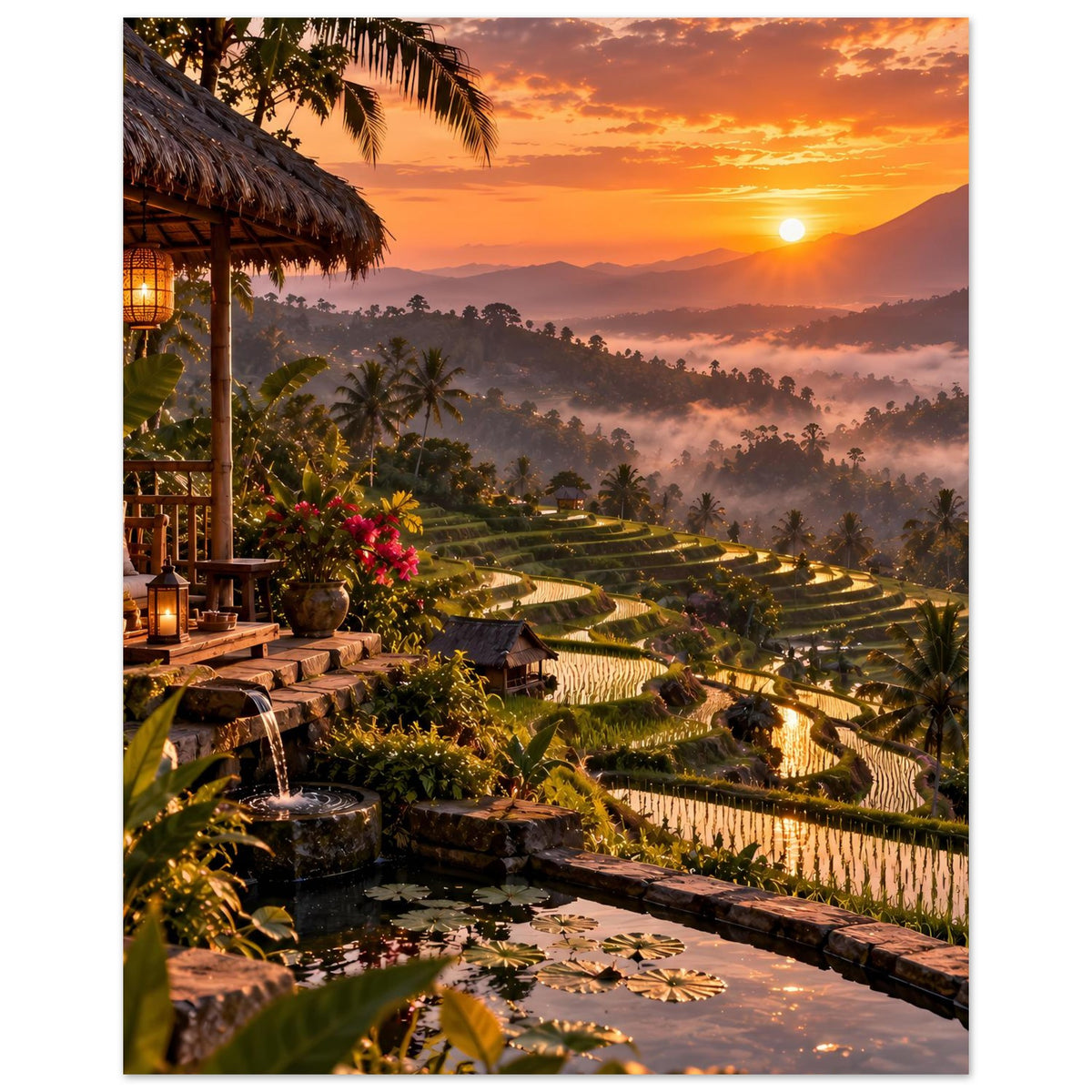 Poster mit Blick von der Lodge auf Terrassen, Wasserbecken, Palmen und untergehende Sonne