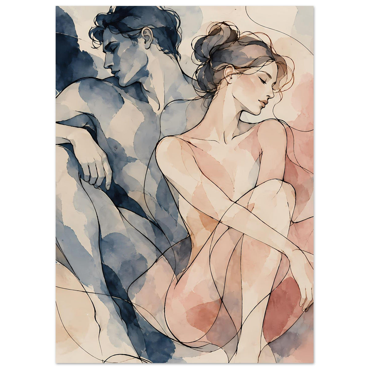 Kunstposter mit aquarellartigem Paar, enges Portrait: Mann in Blau, Frau in Rosa