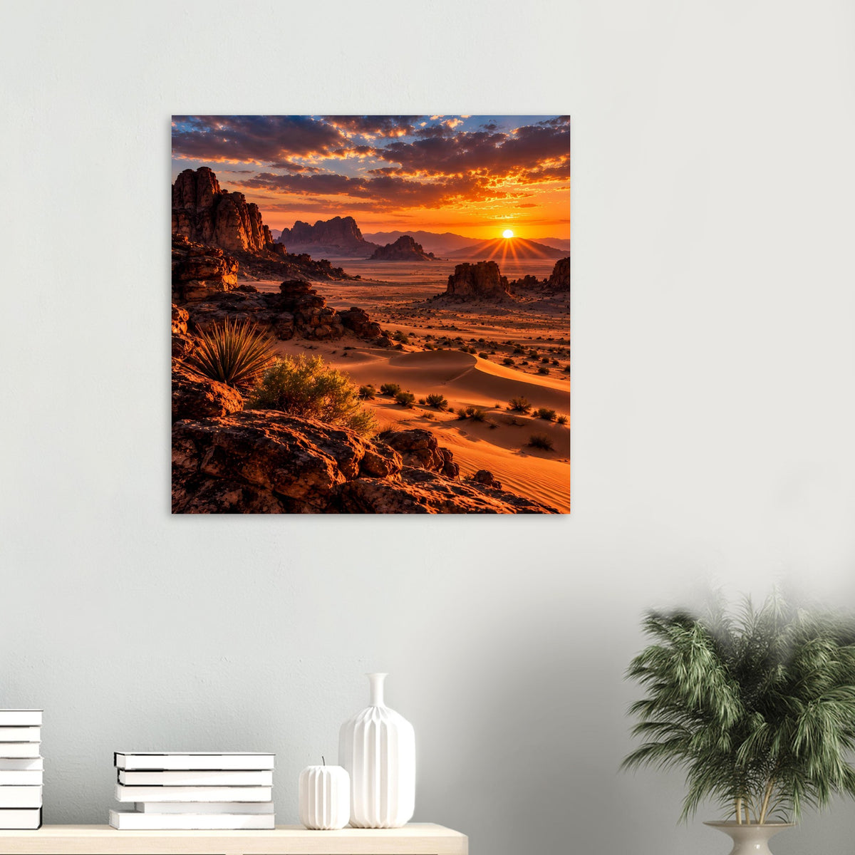 Kleines Poster mit Wüstenlandschaft bei Sonnenuntergang, Dünen und tief stehender Sonne.
