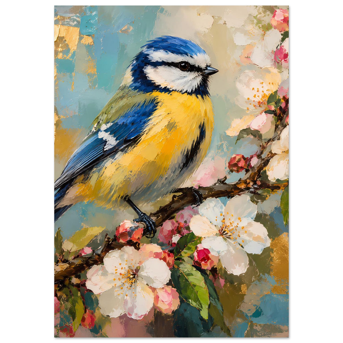 Vogelkunst-Poster (Hochformat) mit Meise über weißen Blüten und roten Akzenten