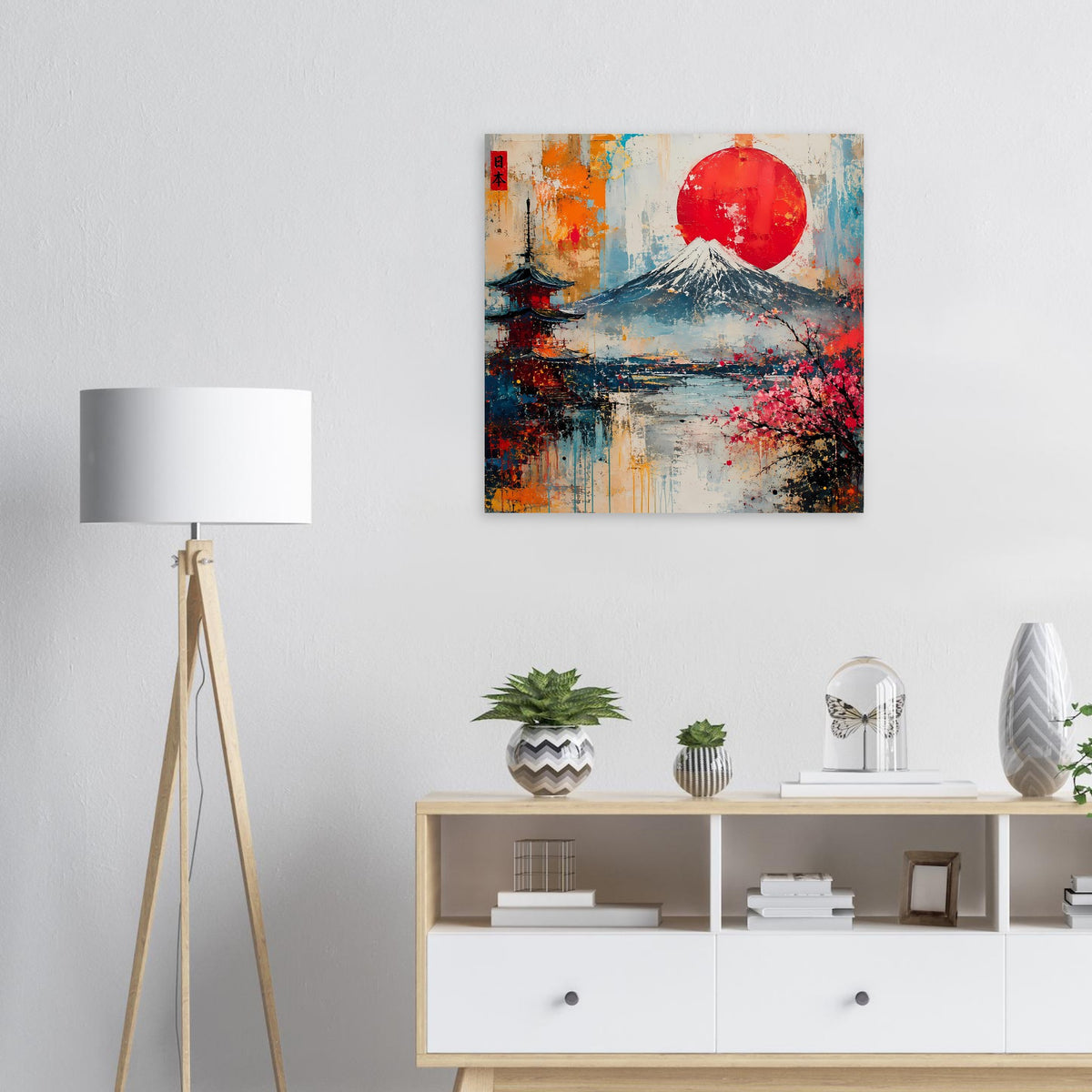 Quadratisches Wandposter: Berg Fuji mit roter Sonne und rosa Kirschblüten, abstrakt.
