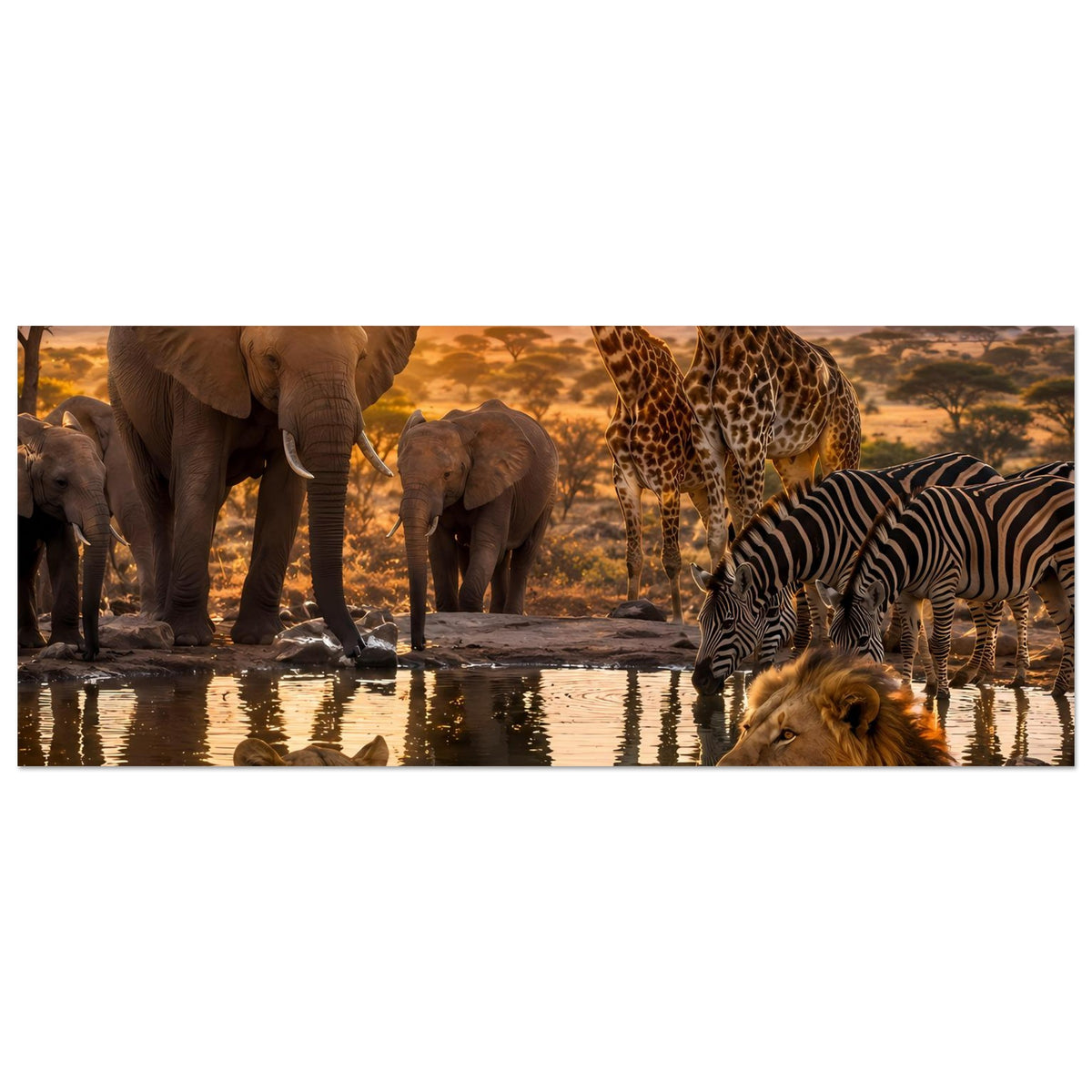 Wildtier-Sonnenuntergangsposter mit Löwen, Elefanten, Giraffen und Zebras, waagerecht