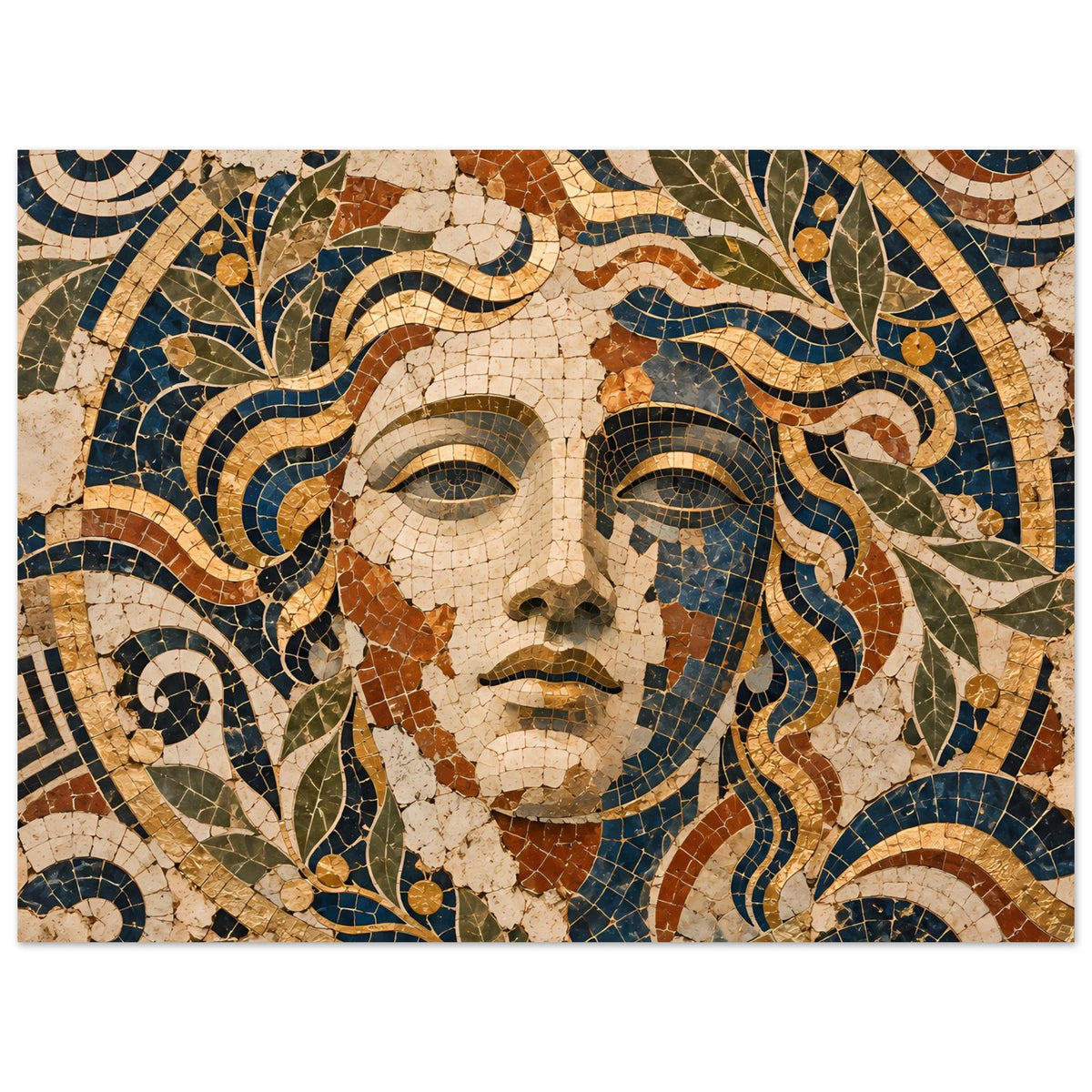 Nahansicht Poster: Mosaik-Göttin Gesicht, Steinoptik mit Blau, Grün, Gold und Braun