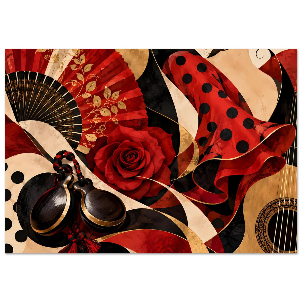 Flamenco-Poster mit Fächer, roter Rose und Polka-Dot-Schleppe, querformat