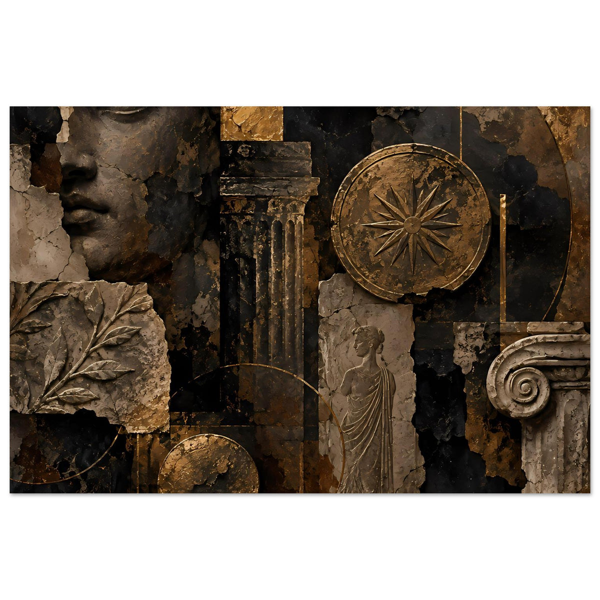 Wandposter mit antikem Relief: Büste, Lorbeerblatt, Säule, Scheibe & Statue, Bronze/Schwarz
