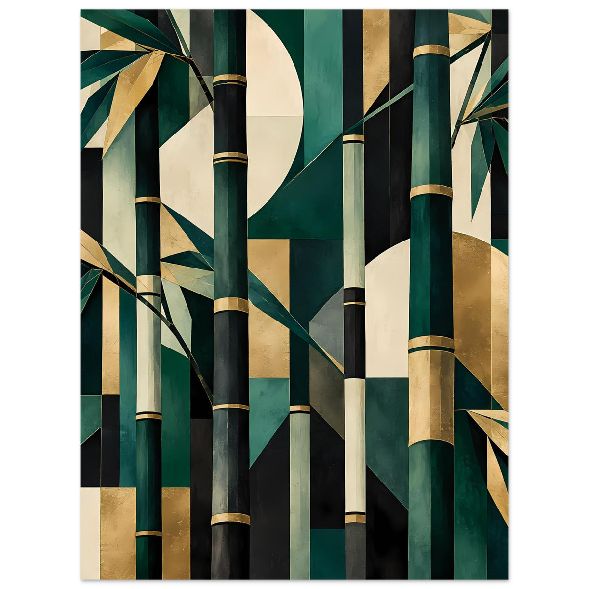 Naturposter mit Bambusstäben und Blättern in Smaragdgrün und Gold, kontrastreiche Flächen