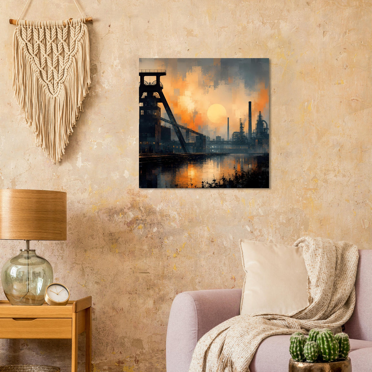 Industrie-Dämmerung-Panoramaposter: Industriehafen mit Kran und gelbem Abendhimmel