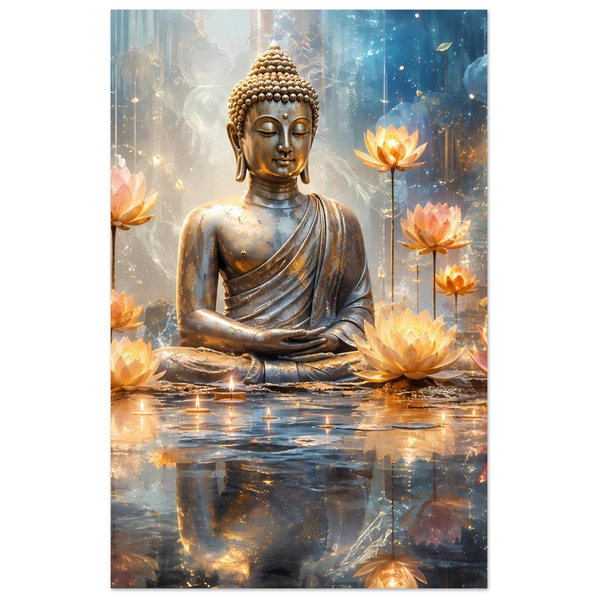Vertikales Poster mit sitzendem Buddha in Goldtönen und Lotusblüten