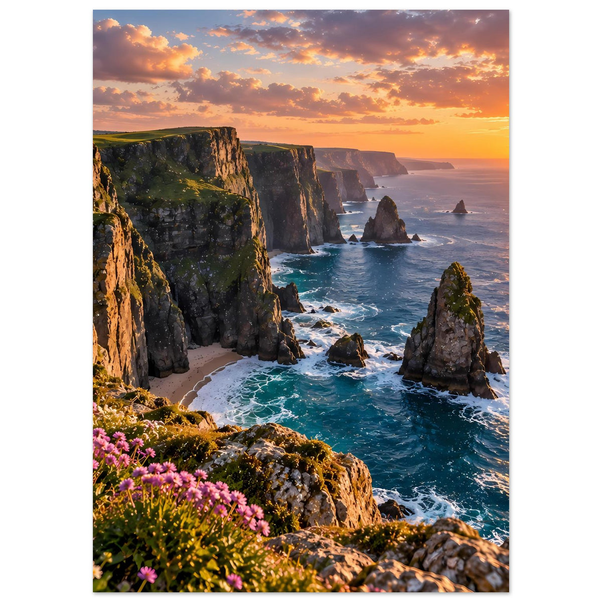 Poster mit Küstenklippen, Wellen im Vordergrund und Sonnenuntergang am Horizont