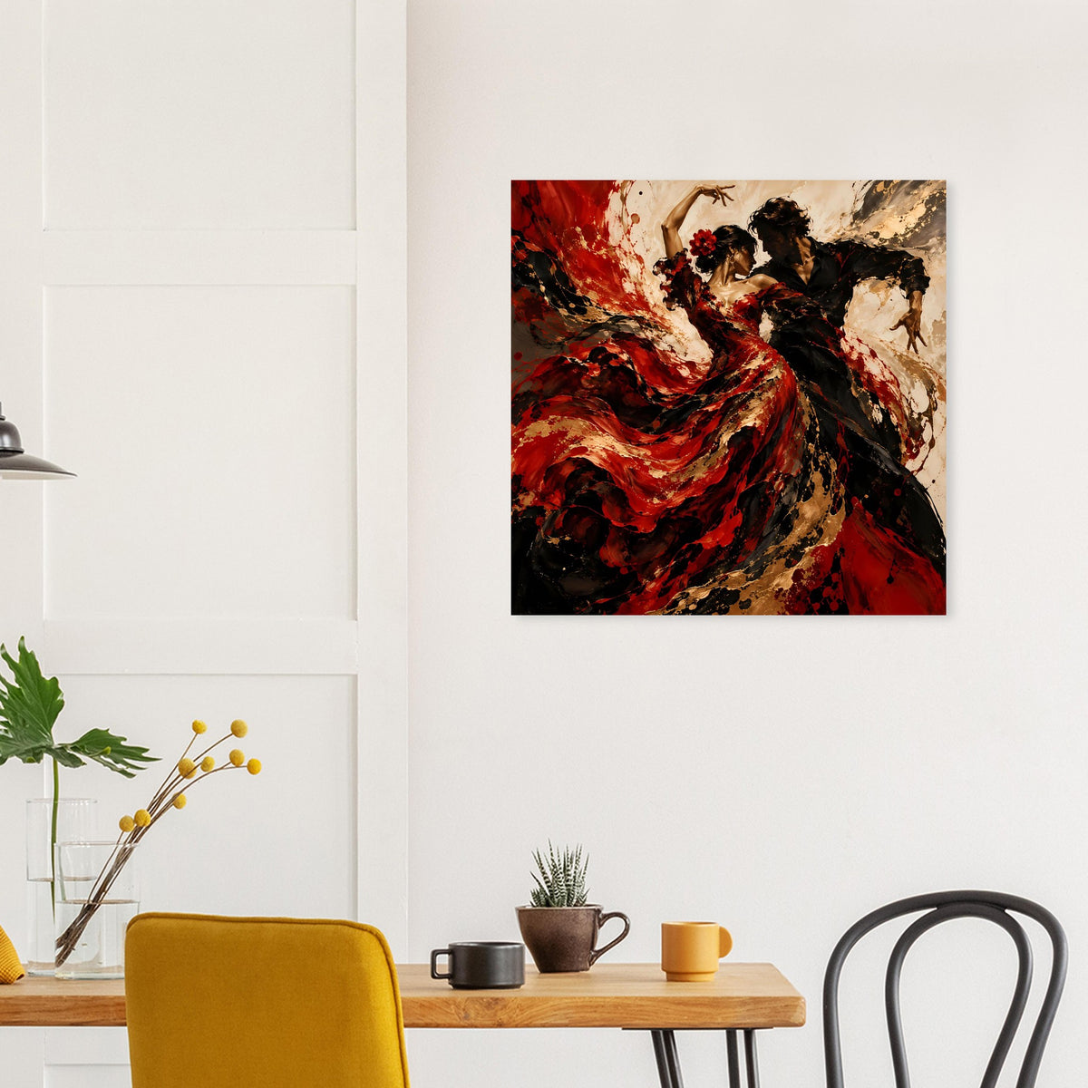 Wandbild-Poster mit Flamenco-Tänzerin, dynamischer roter Rockflut und schwarzem Kontrast