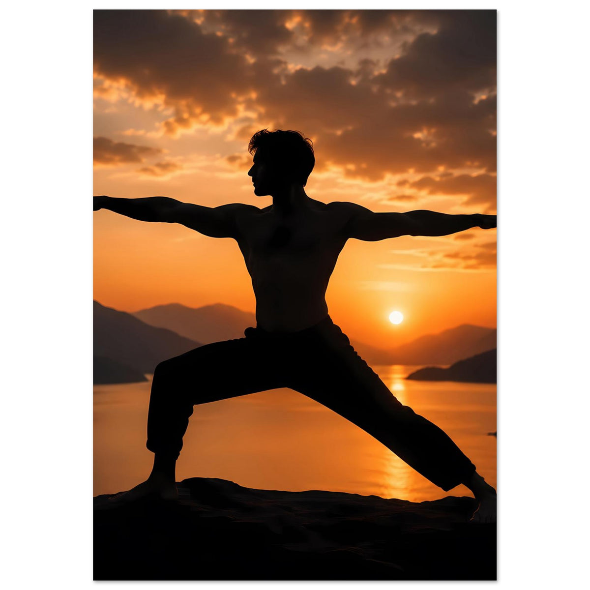 Yoga-Kriegerpose-Poster: sitzende Silhouette im Profil mit ausgebreiteten Armen