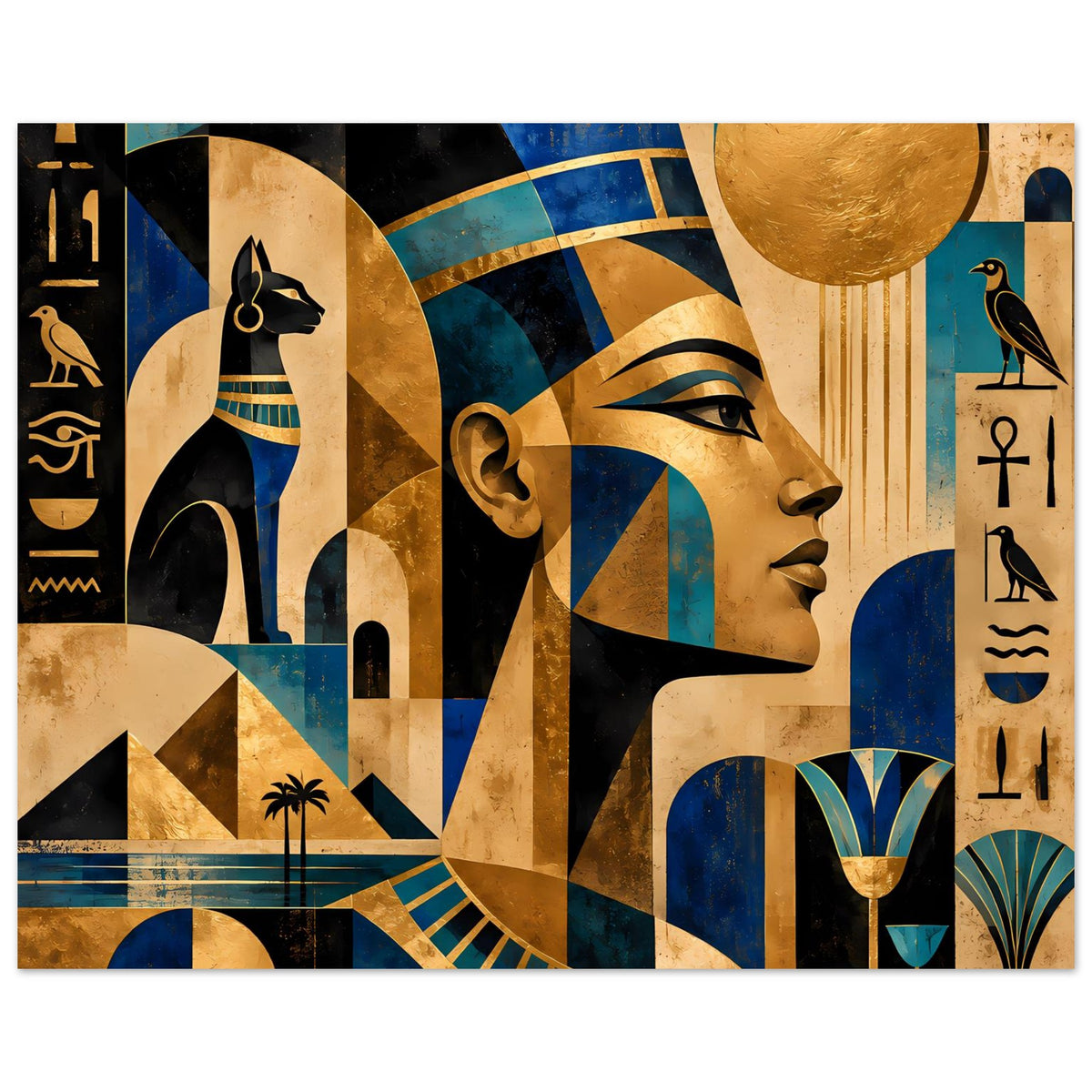 Ägyptisches Querformatposter mit Pharao-Profil, Goldkreis und dekorativen Gefäßen.