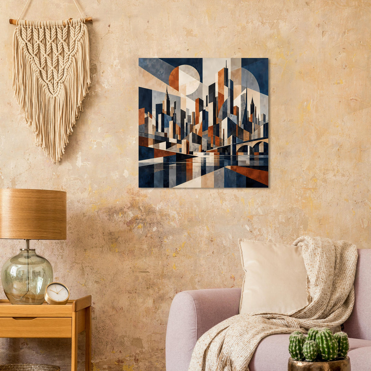 Rechteckiges Poster: geometrische City-Silhouette mit Kreisformen und dunklen Hochhäusern