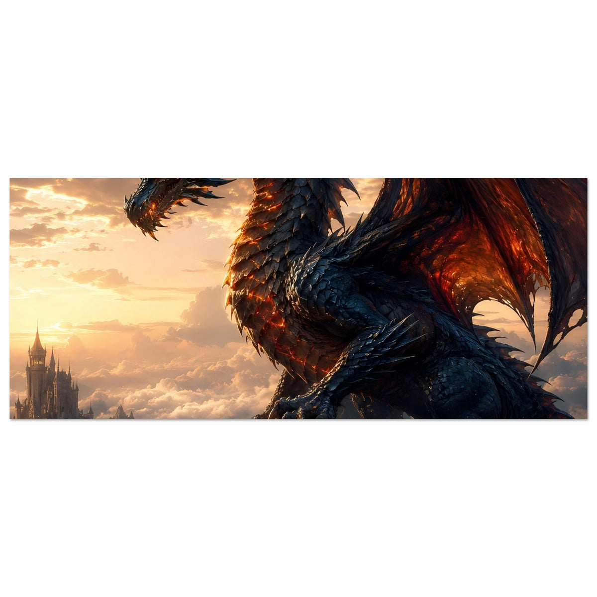 Drachenfantasy-Poster querformat: blauer Drache mit Flügeln, warmes Glühen im Bild