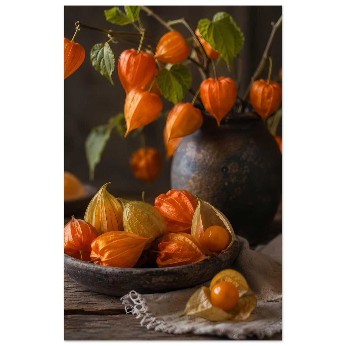 Herbstliches Poster, Schüssel mit Kürbisfrüchten und hängenden Lampions, umgeben von Blättern