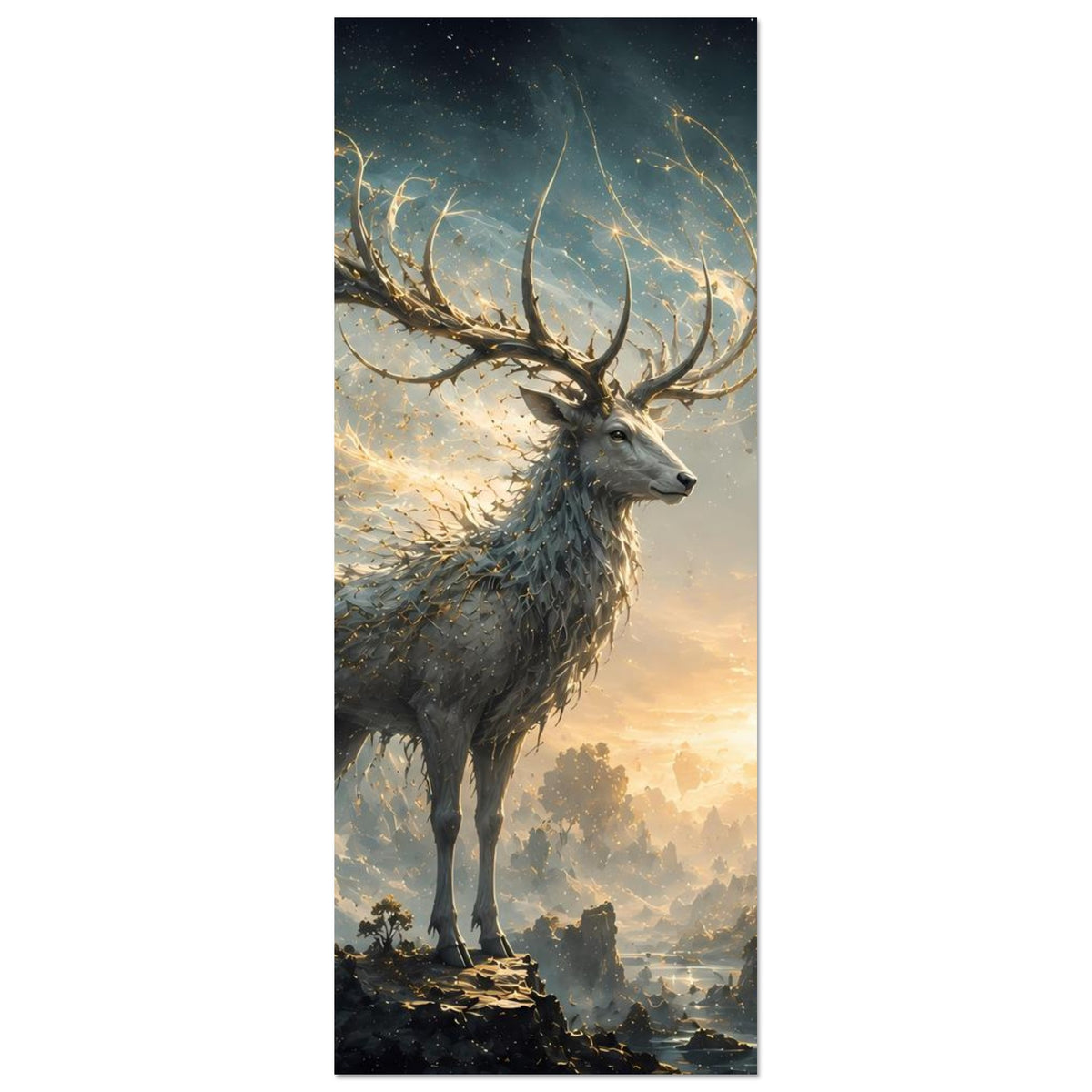 Vertikales Fantasie-Druckposter mit Hirschkopf, leuchtende Geweihhörner
