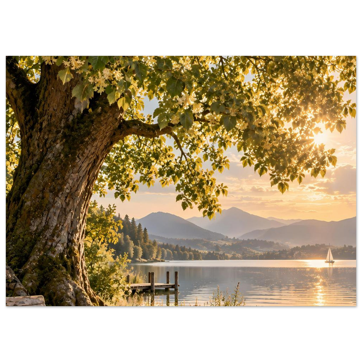 Naturposter: Baum am Seeufer mit gelbem Laub, Steg, Berge und sanfte Uferpflanzen