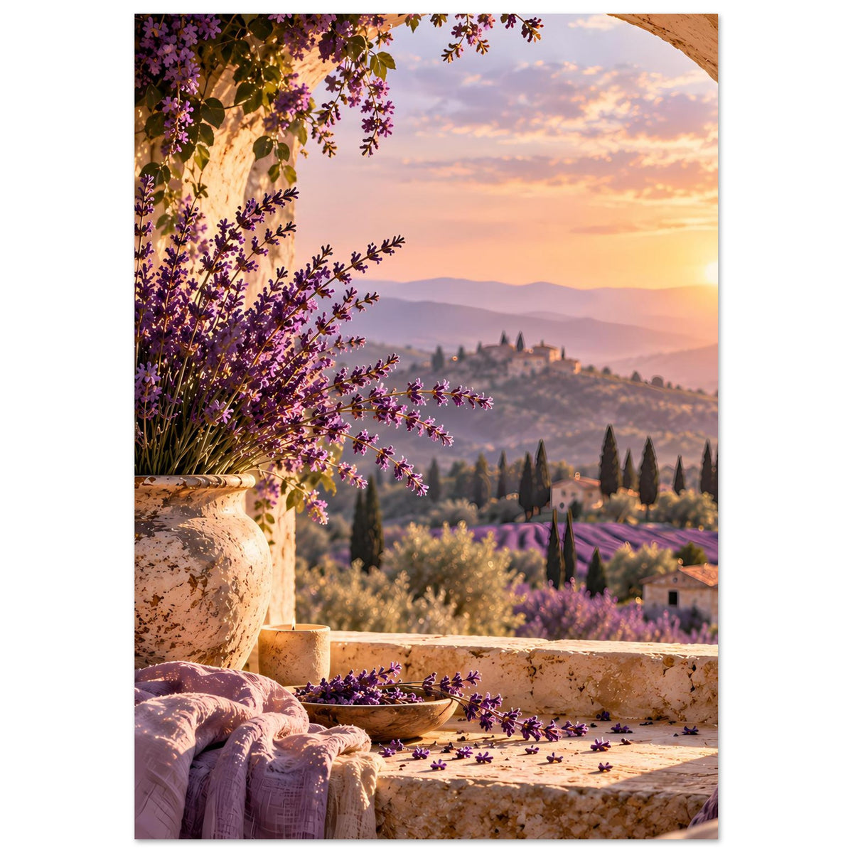 Lavendelblumen-Poster: Vase am Balkon, lila Blüten, Sonnenuntergang und Hügel