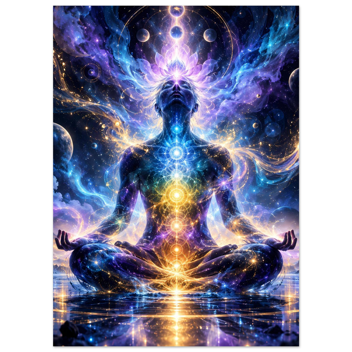 Poster-Motiv einer meditierenden Chakra-Figur im kosmischen Raum, leuchtende Chakras