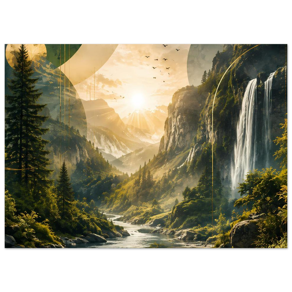 Vertikales Landschaftsposter mit Wasserfall und Flusstal, warmes goldenes Licht in den Bergen