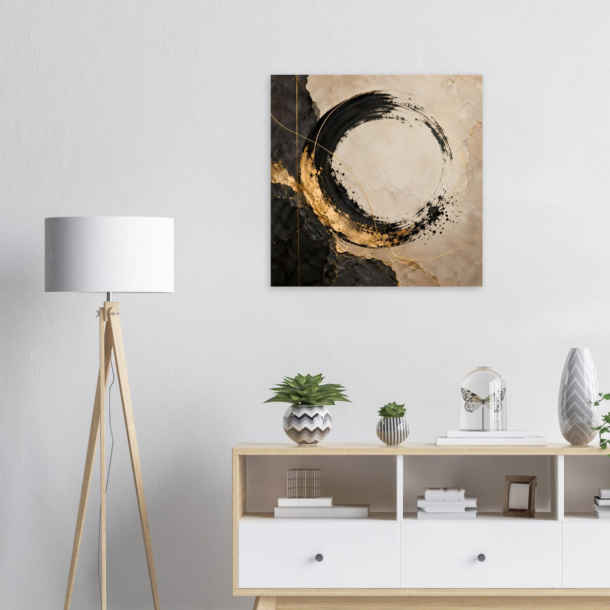 Abstraktes Kunstposter mit Kreisring in Schwarz, Beige und goldenen Akzenten
