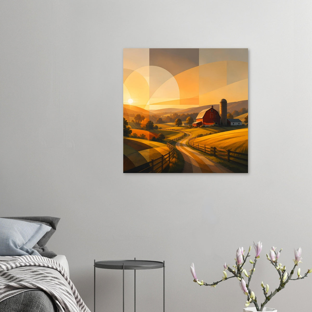 Abstraktes Quadratposter mit Landschaft: rote Gebäude, Felder, Zaunlinien und Sonnenkreis