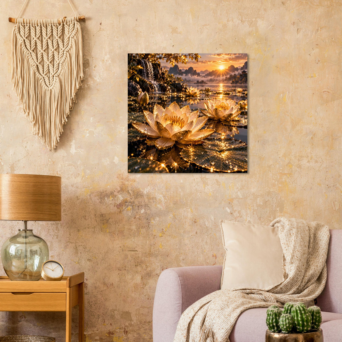 Quadratisches Wandbild mit goldener Lotusblüte, Flussufer, Sonnenuntergang und Funkeln