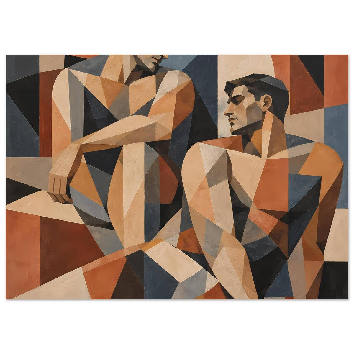 Geometrisches Kunstposter mit zwei stilisierten Figuren und abstrakten Flächen, horizontale Ansicht