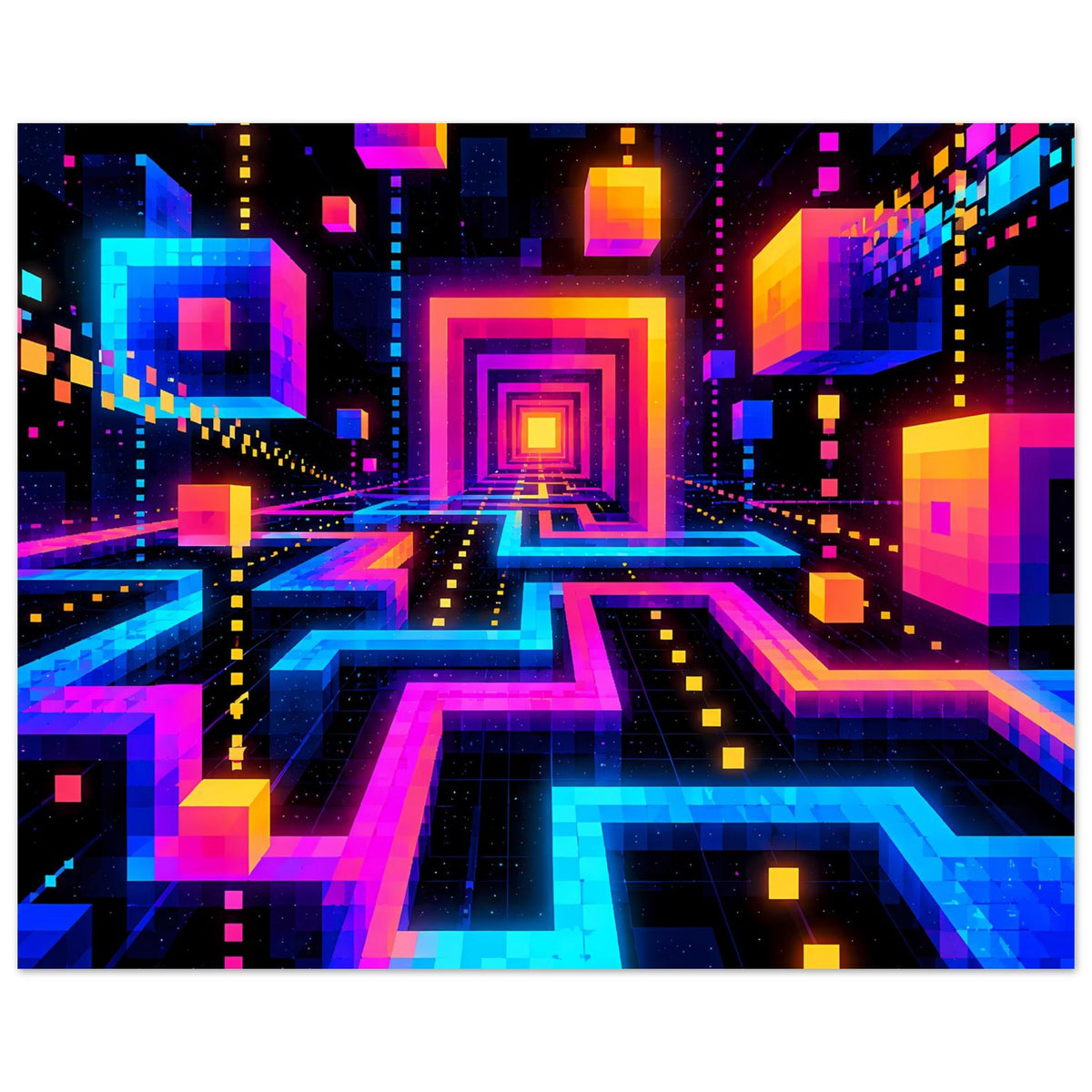 Neon-Labyrinth-Poster: geometrische Quadrate und farbige 3D-Würfel