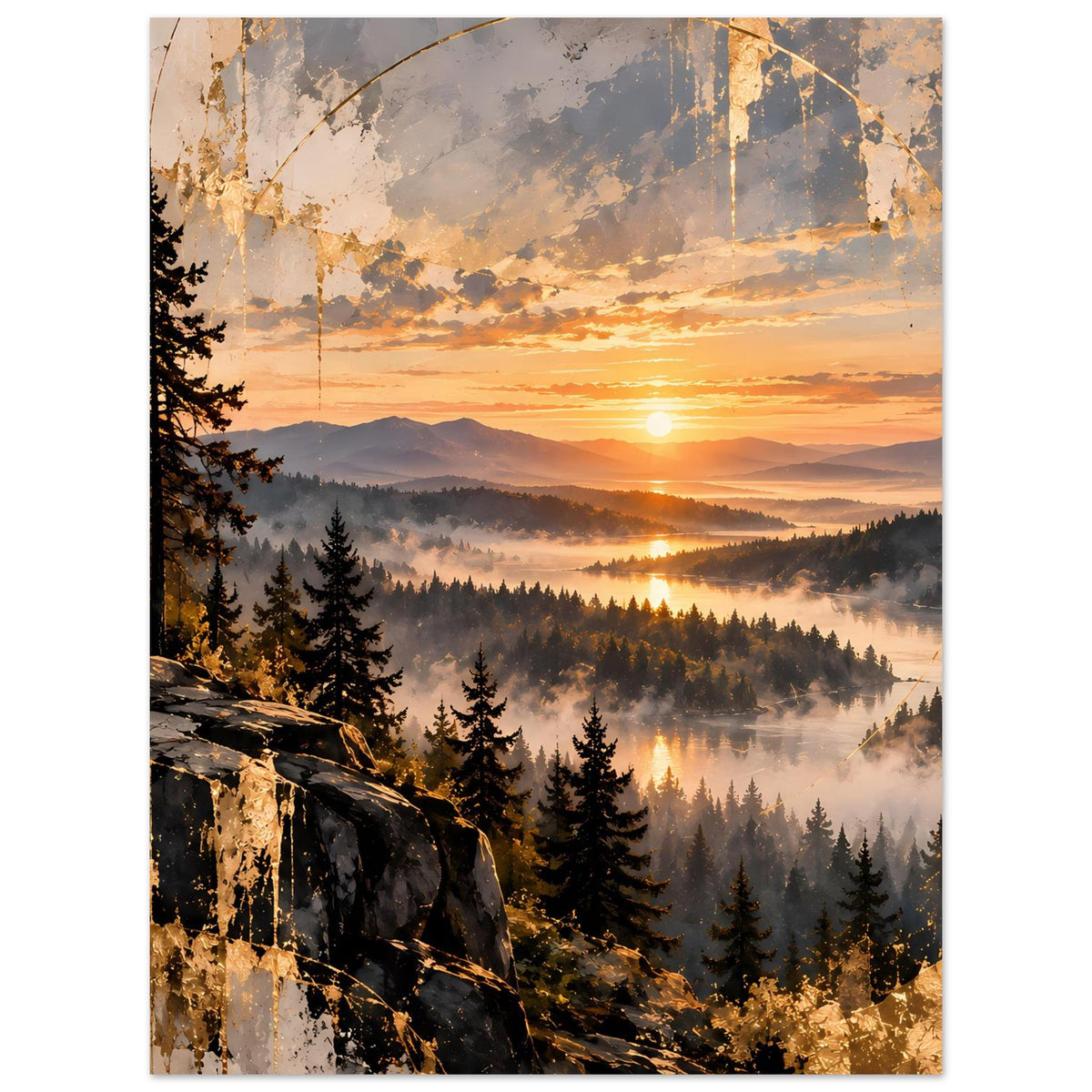 Landschaftsposter: Sonnenaufgang über Nebeltal, Berge und Nadelwald, goldenes Licht