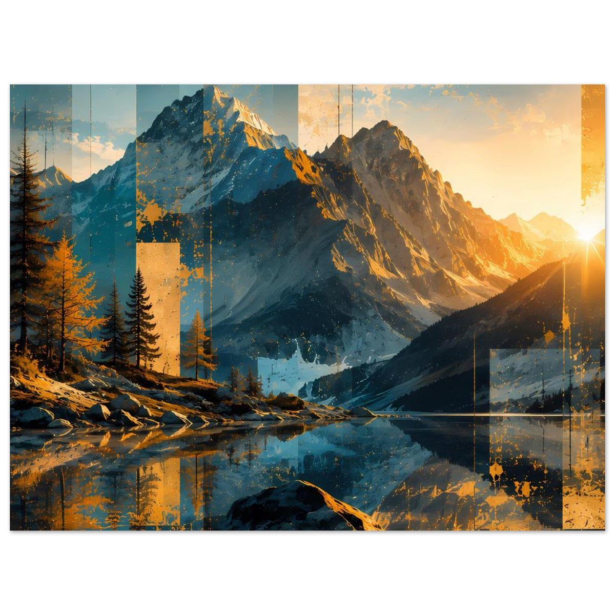 Horizontales Poster mit Berglandschaft: Sonnenaufgang, Berge, Tannen, Wasserfläche mit Spiegelung