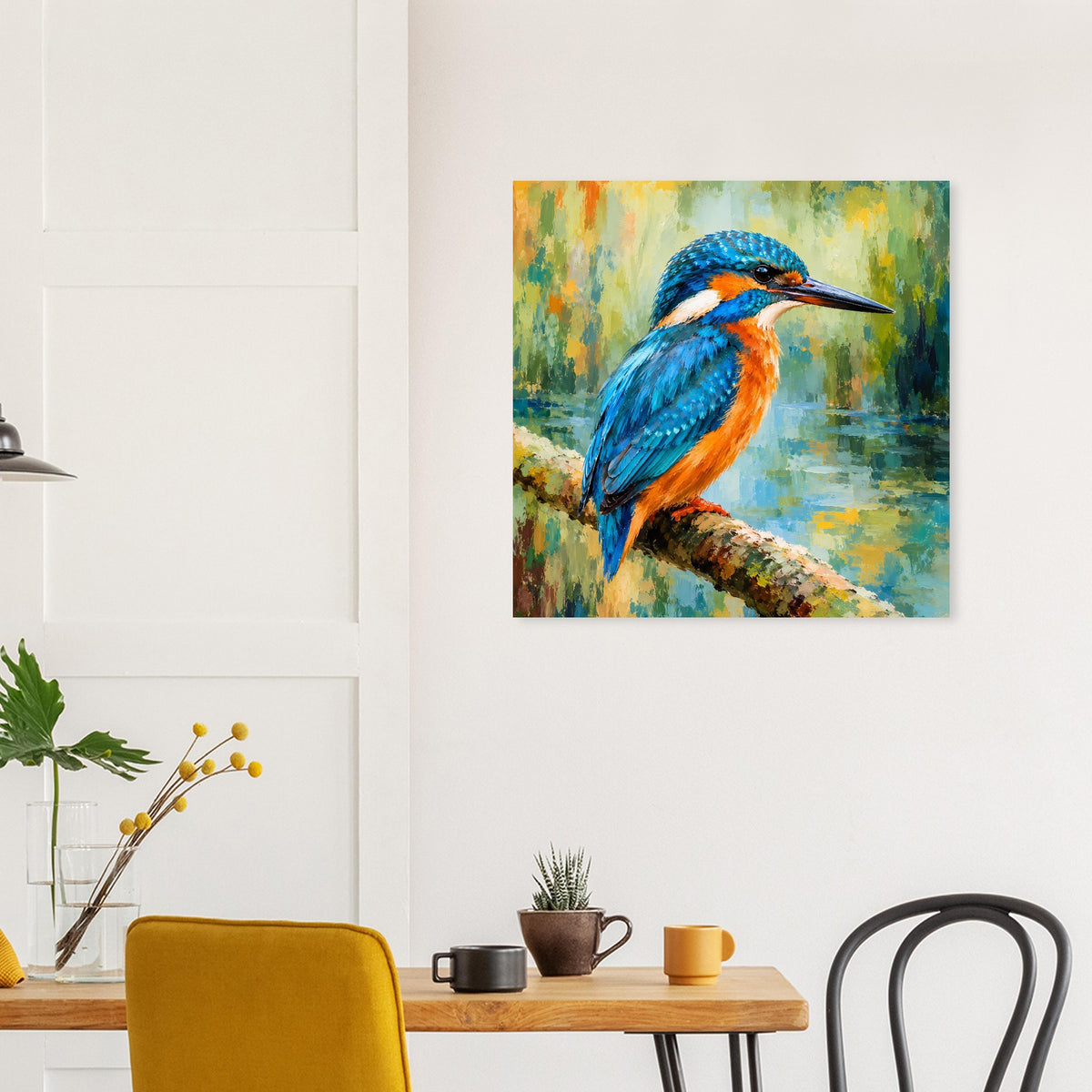 Quadratisches Poster mit blauem Eisvogel auf Ast, türkis- und orangefarbene Akzente
