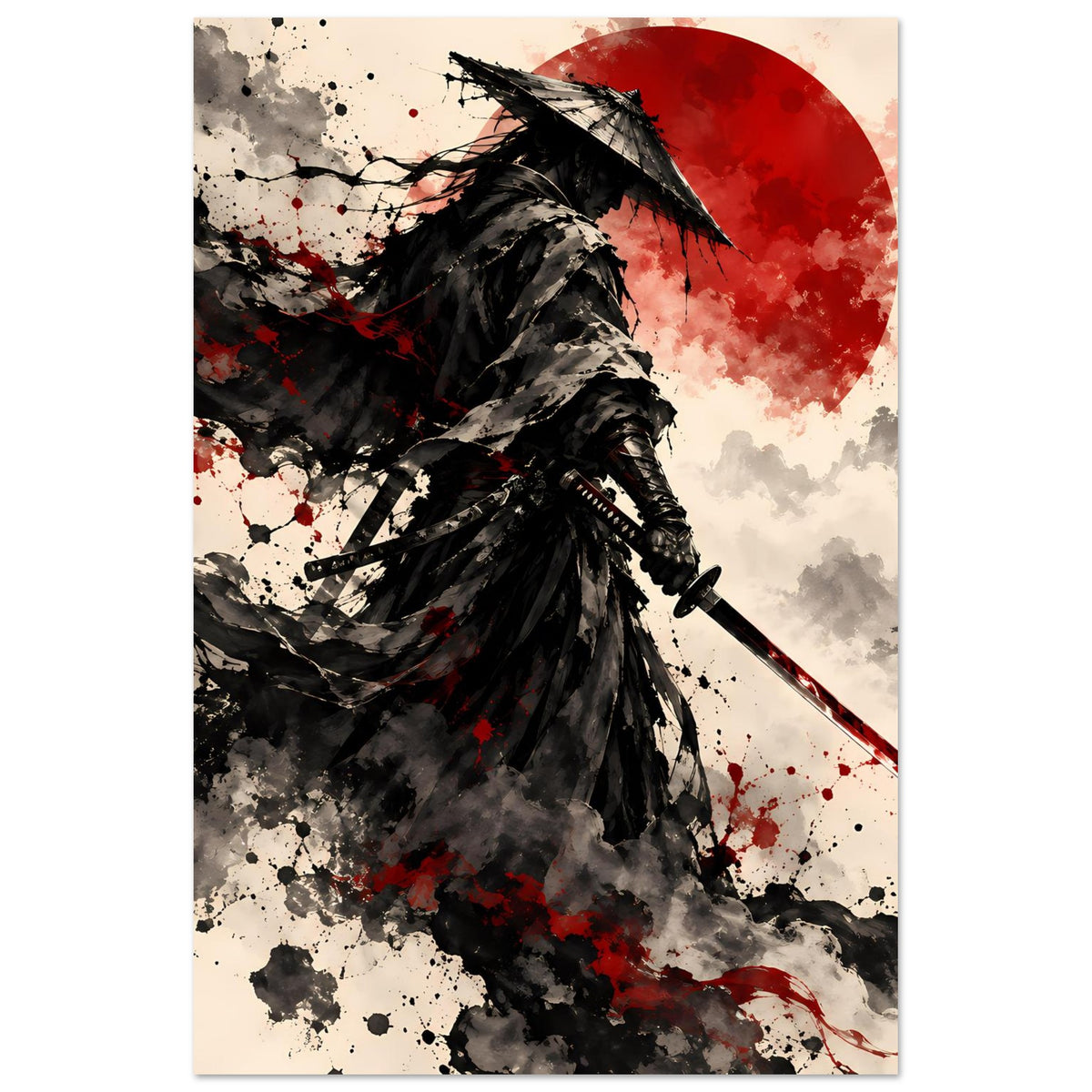 Samurai-Kriegerposter im Hochformat mit roter Sonne, Umhang und Katana