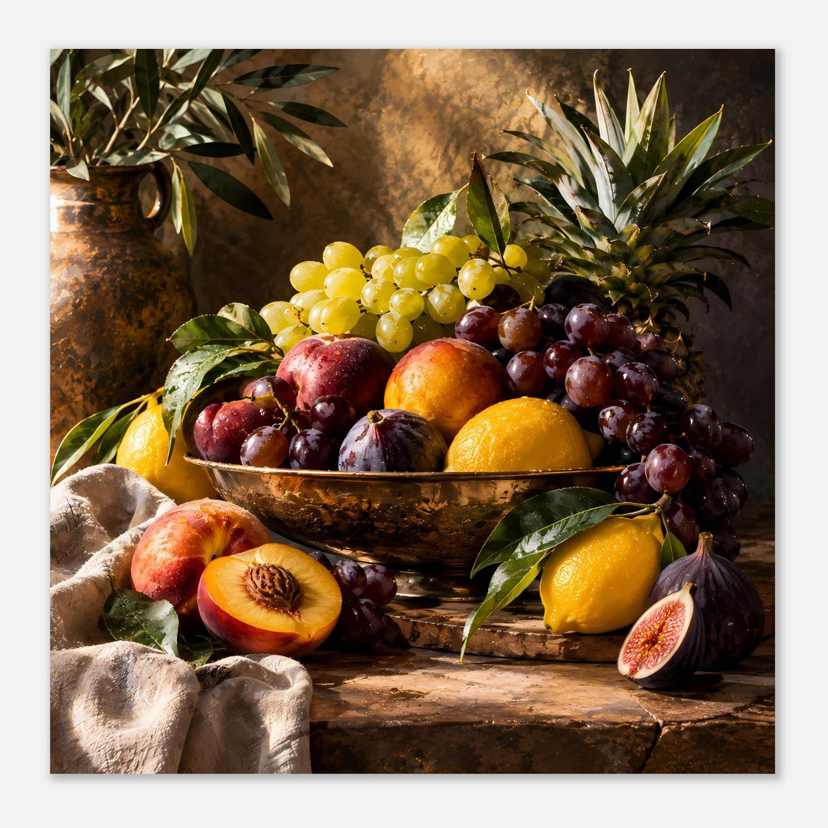 Stillleben-Poster: Obstschale mit Trauben und Zitrusfrüchten sowie dekorativen Blättern
