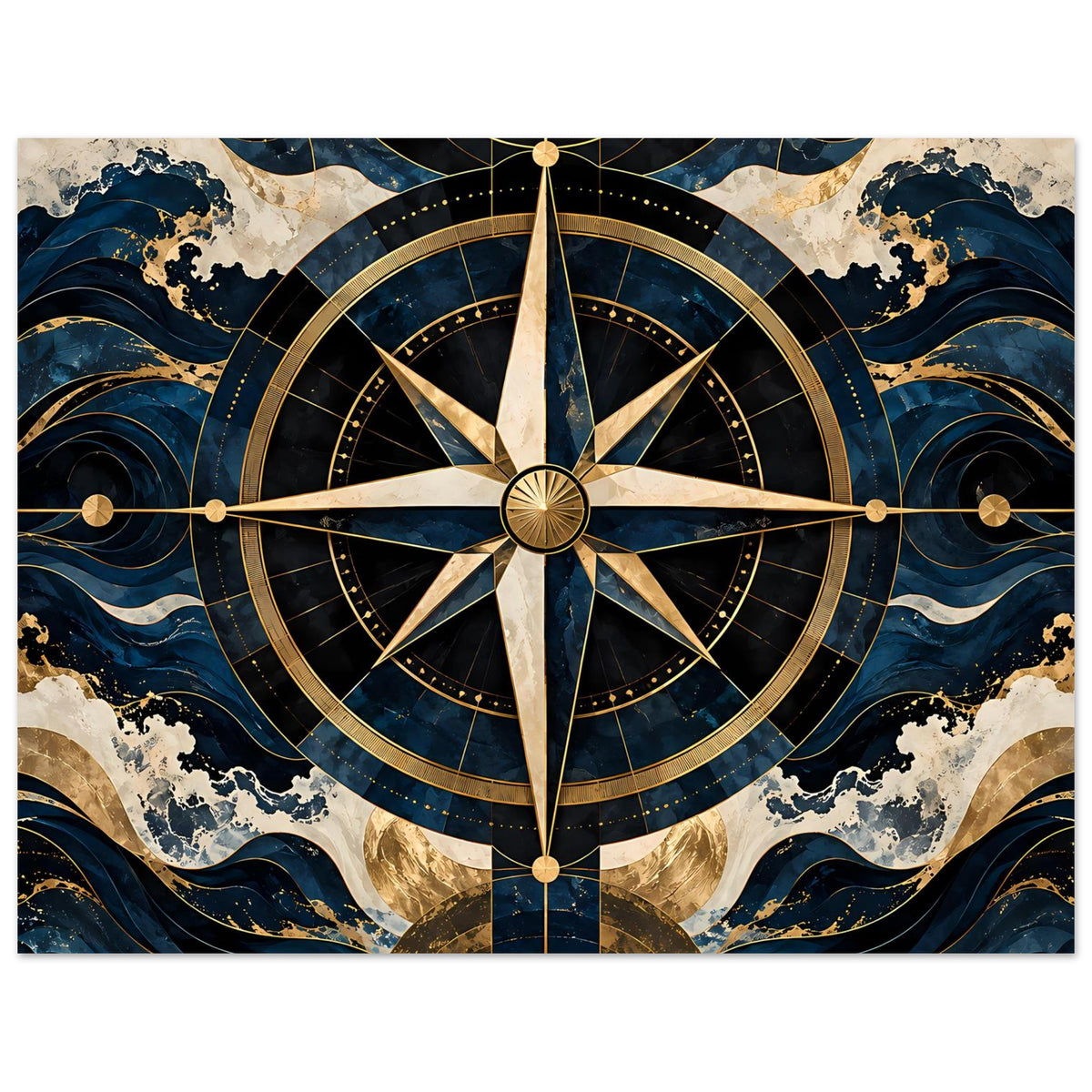 Maritimes Navigationsposter mit Kompassrose, Blau- und Goldfarben, im Querformat