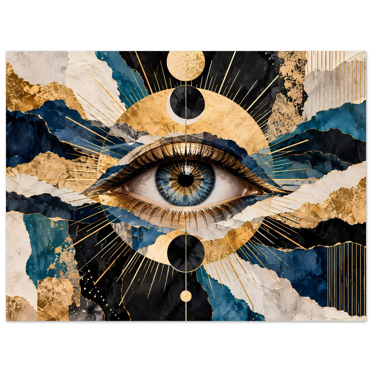 Kunstposter im Panoramaformat mit Auge, türkis/blauem Hintergrund und goldfarbenen Linien