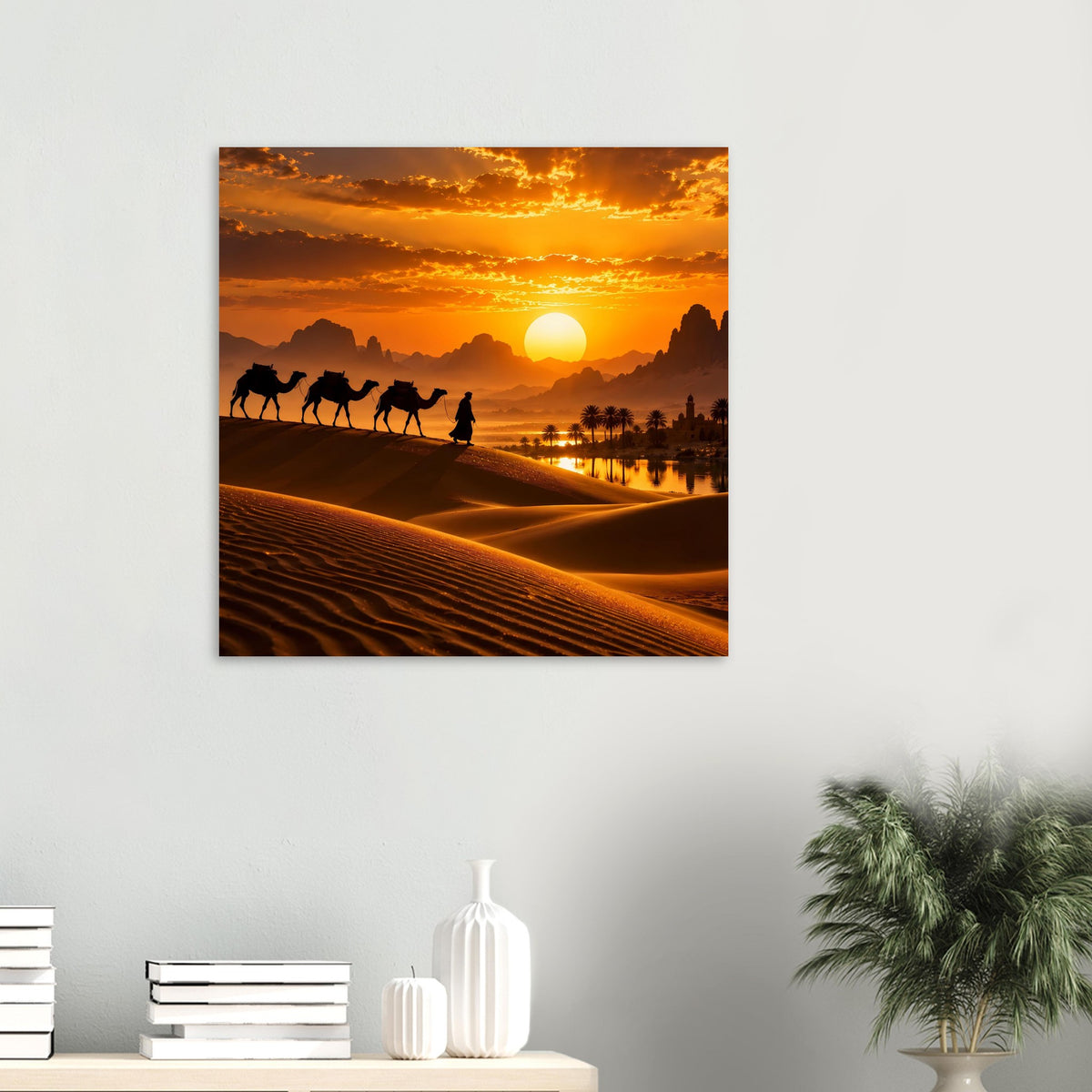 Quadratisches Poster mit Wüstenkarawane im Sand bei Sonnenuntergang