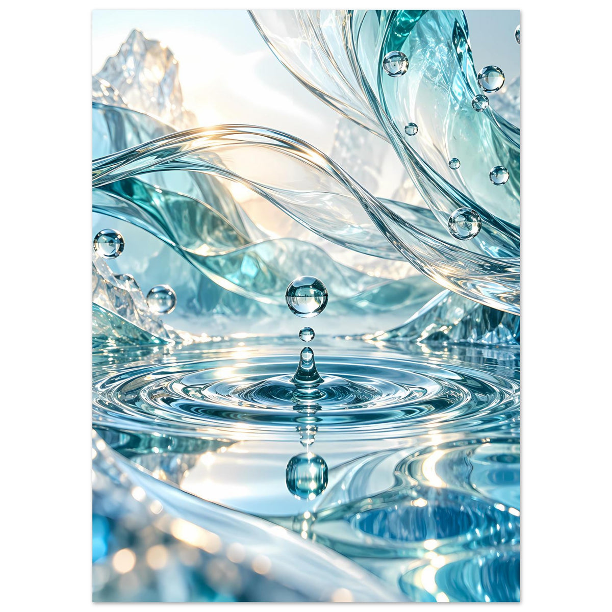 Poster mit Wasserwellen und glitzernden Tropfen, türkisfarbene Verläufe im Detail