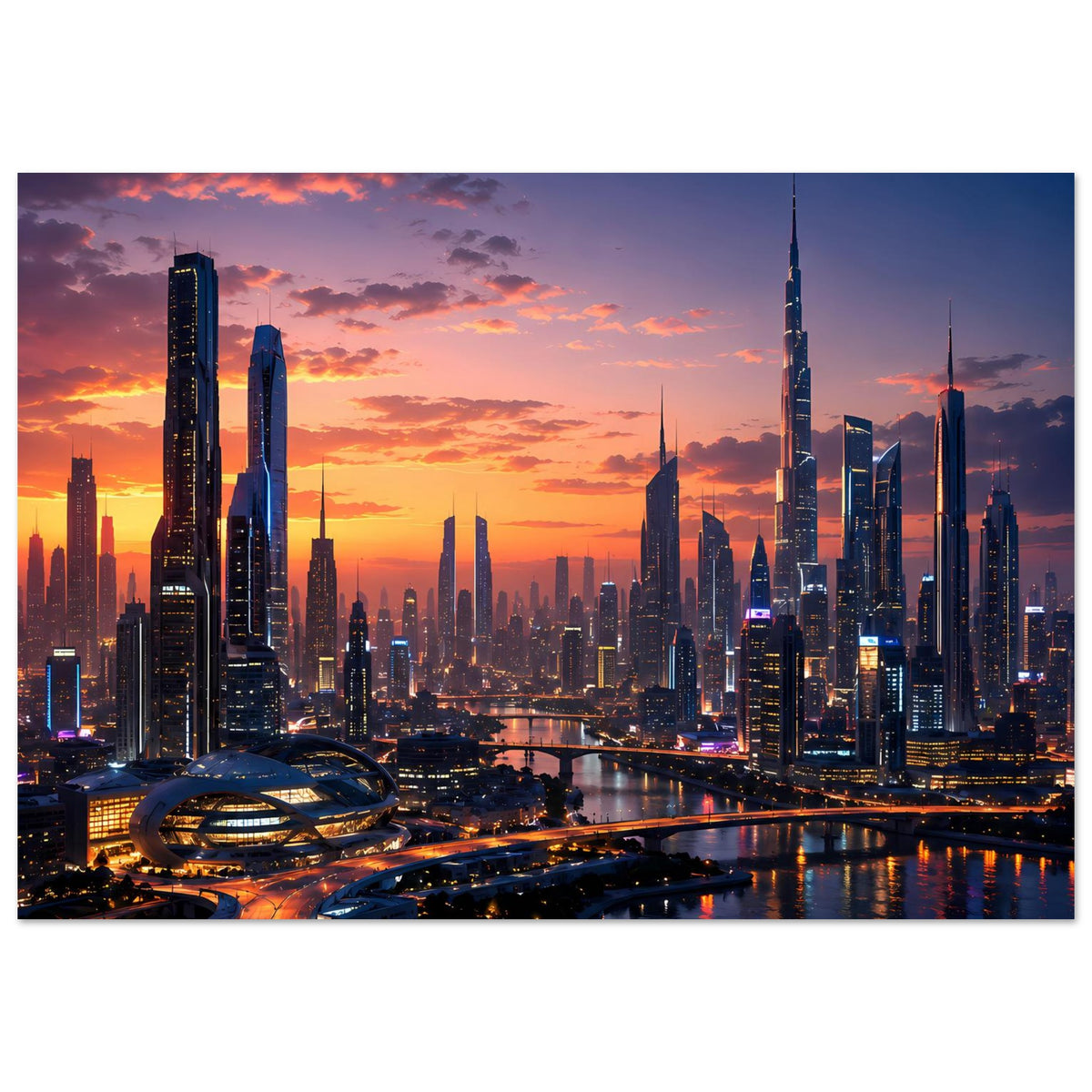 Poster mit Skyline und Sonnenuntergangshimmel über dem Fluss