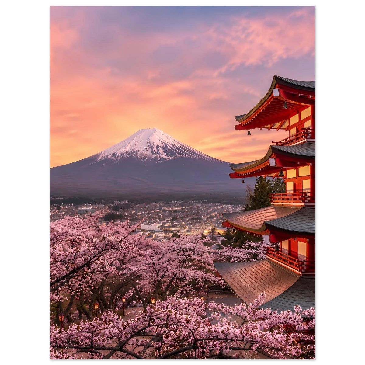 Poster im Hochformat mit Fuji-Vulkan, Kirschblüten und roter Pagode