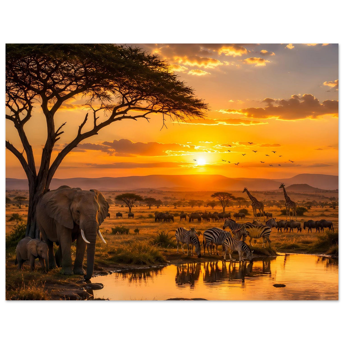 Savannen-Poster mit Elefanten und Zebras am Wasserloch sowie Giraffen in der Ferne
