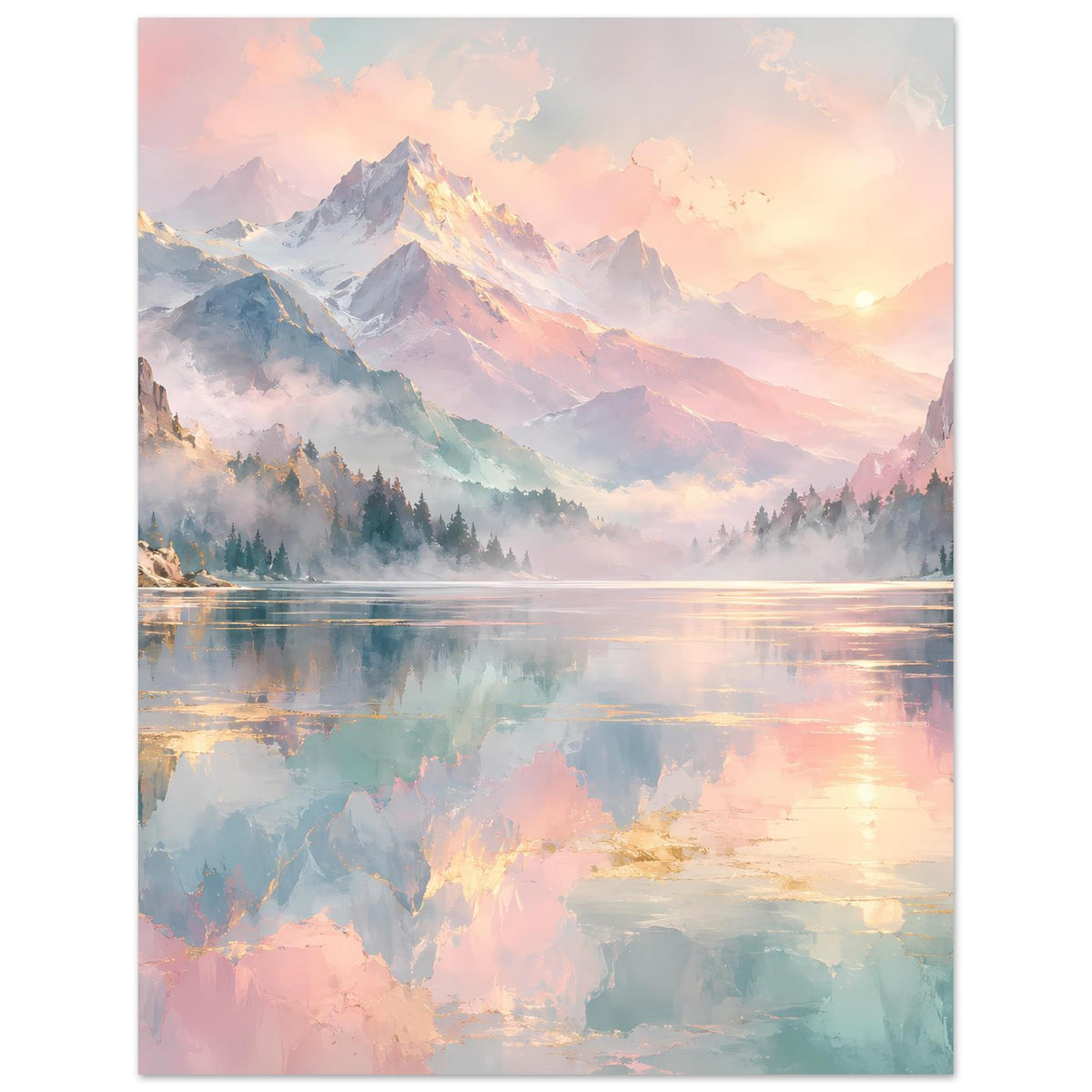 Poster im Hochformat mit Berggipfeln, Wald und Nebel über ruhigem See.