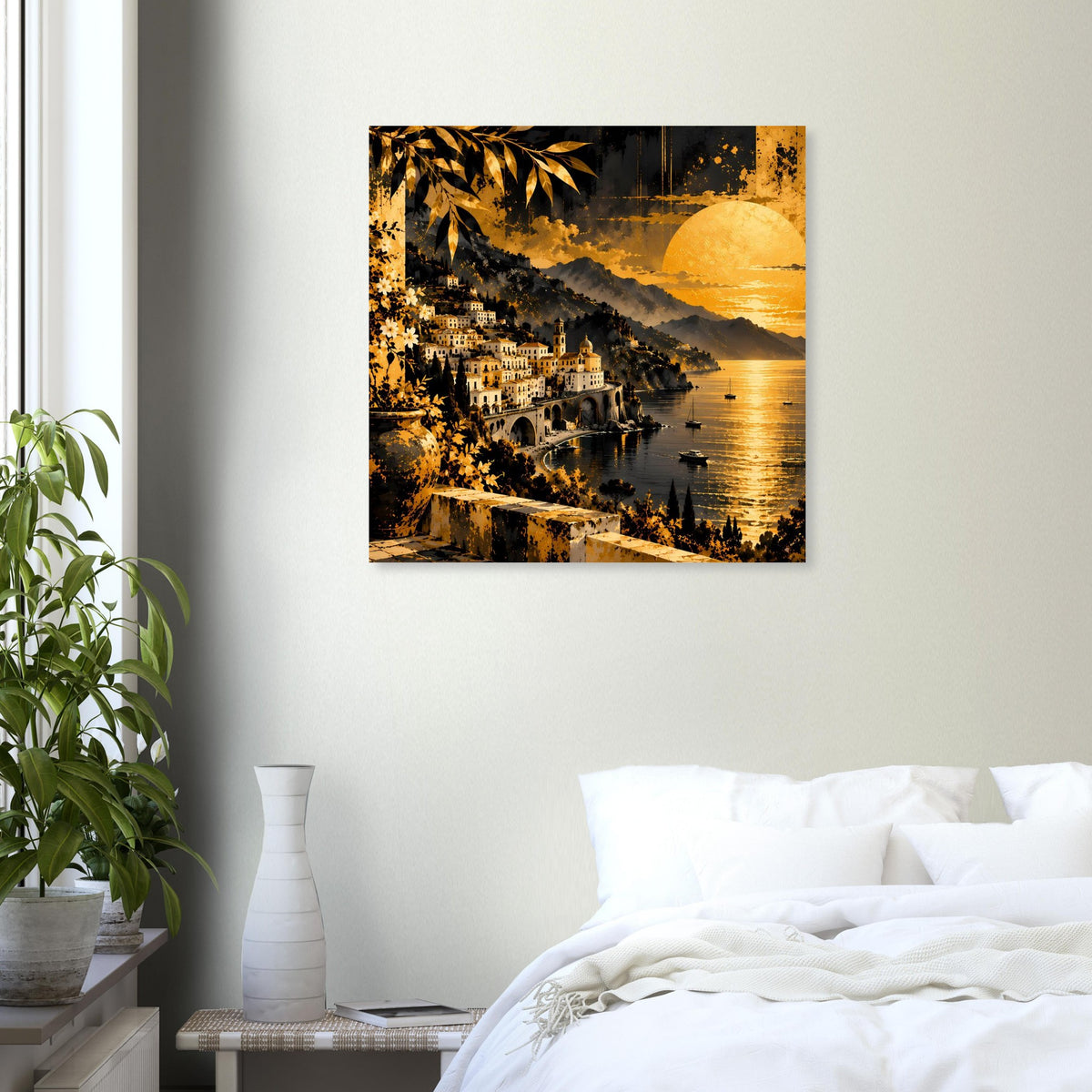 Quadratisches Poster mit Sonnenuntergang über der Küste, Häusern am Hang und goldenem Licht