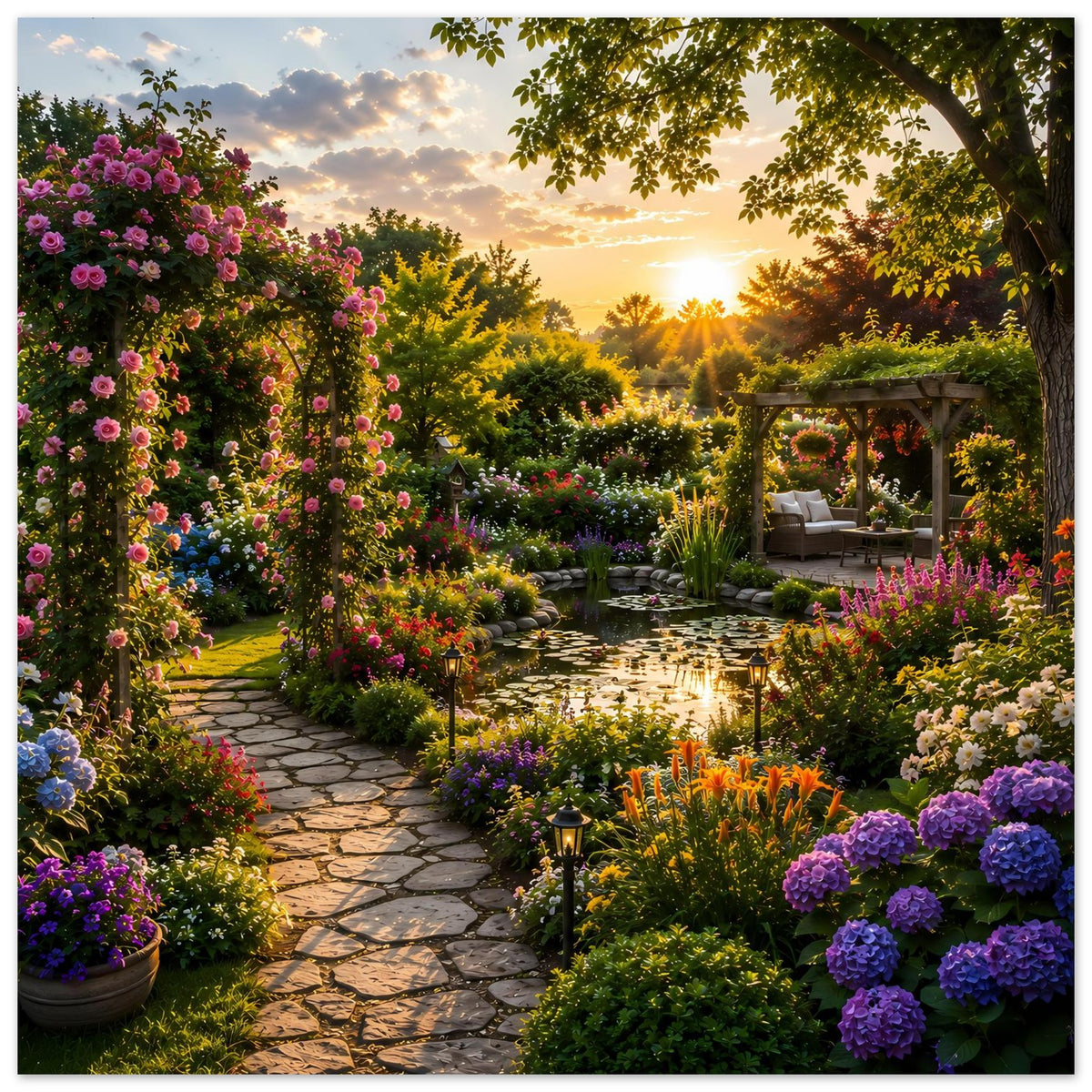 Gartenposter im Hochformat mit Blumen entlang des Weges und warmem Sonnenuntergang