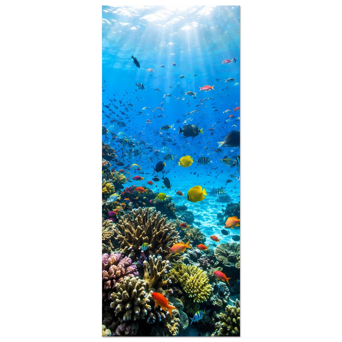 Poster im Hochformat mit Korallenriff und bunten Fischen im türkisblauen Ozean