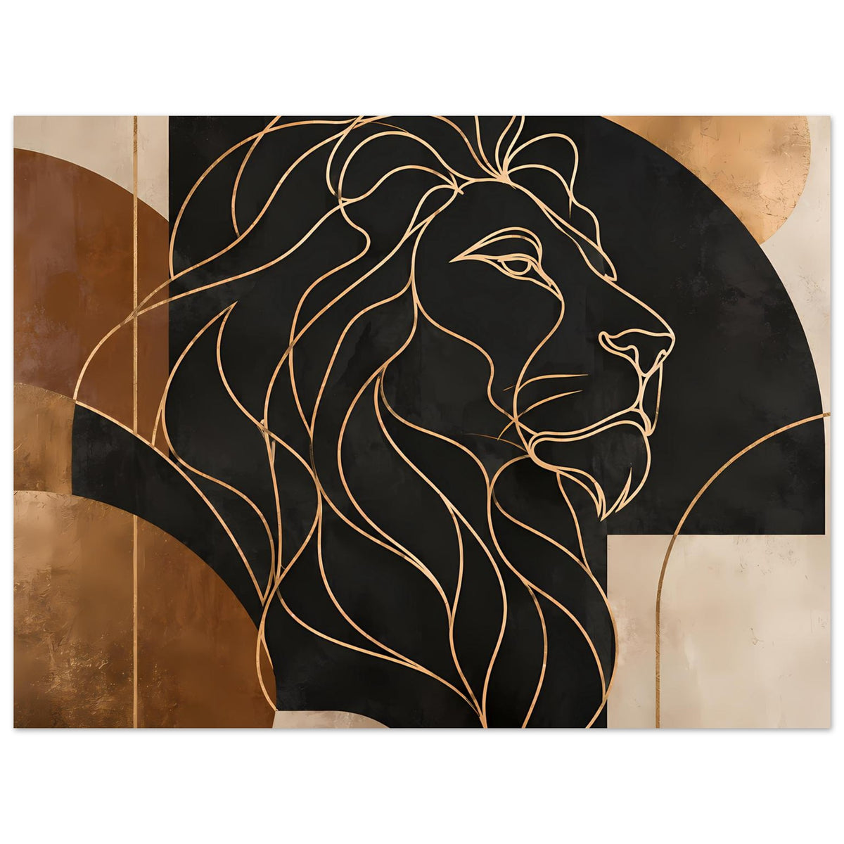 Poster, Nahansicht des geometrischen Löwen: goldene Linien in Schwarz, abstrakte Bronze-Flächen